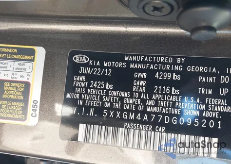 2013 Kia Optima Lx z USA, uszkodzony, nr VIN 5XXGM4A77DG095201